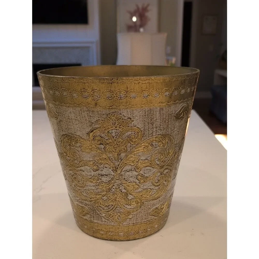 Florentine Gold and Cream Embossed Wastebasket Made in Italy Vintage